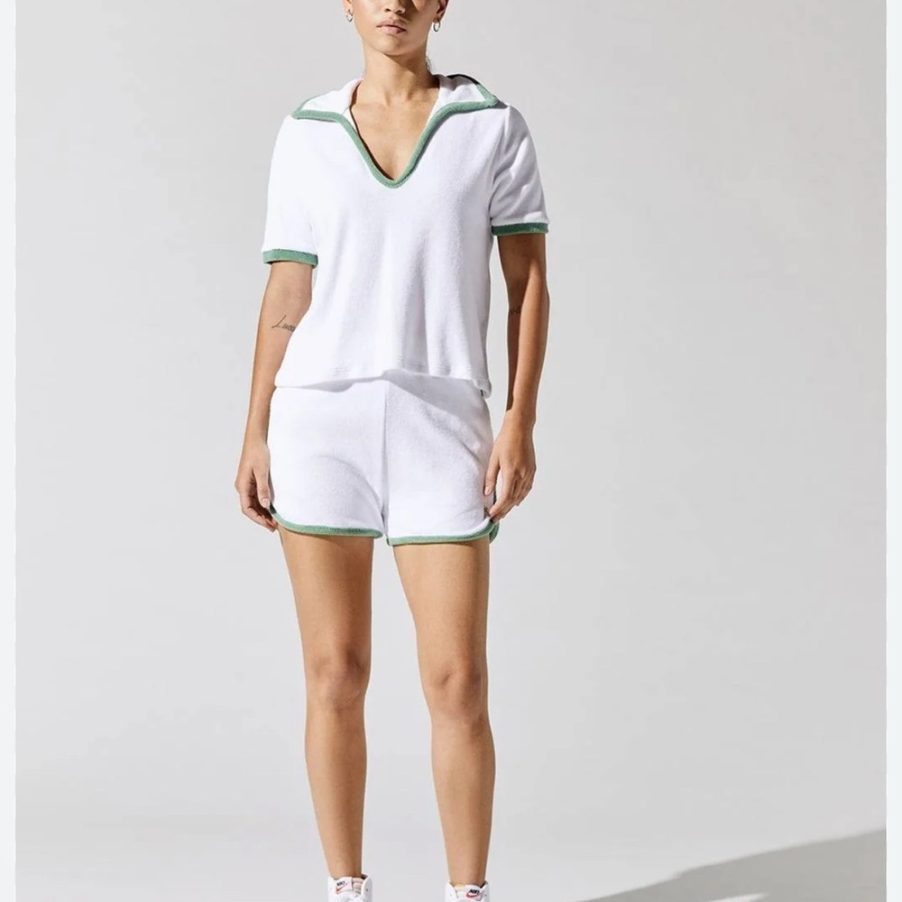 Sundry White Terry Polo Top with Green Trim - Picture 1 of 3